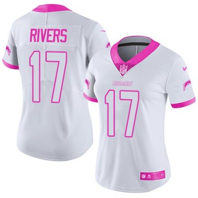 Nike Los Angeles Chargers #17 Philip Rivers WhitePink Women's Stitched NFL Limited Rush Fashion Jersey
